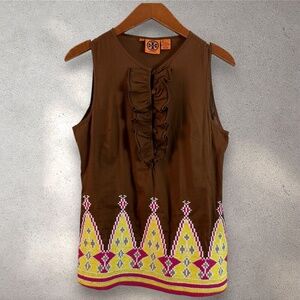 Tory Burch Embroidered Embellished Brown Colorful Blouse Ruffled Size 6